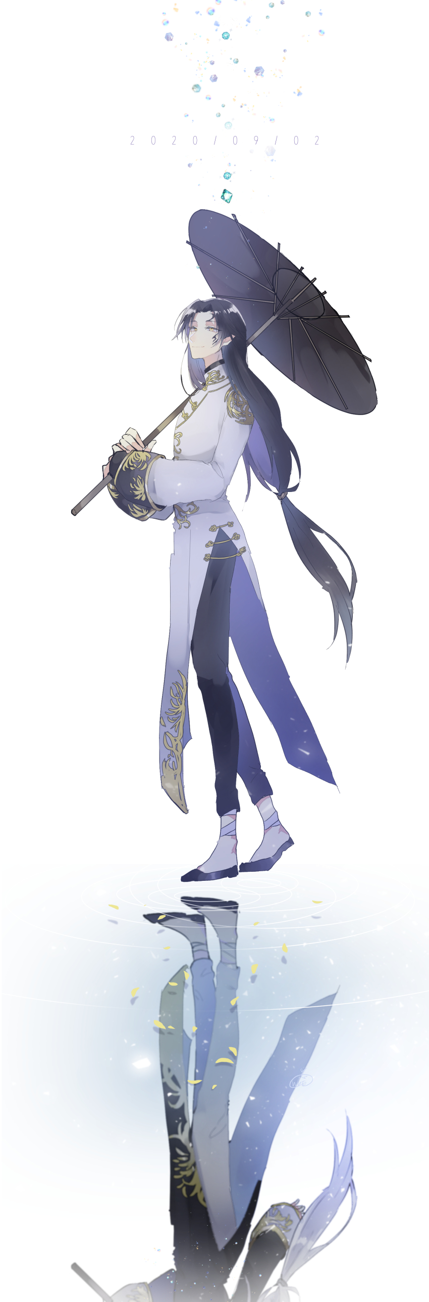 2boys, absurdres, black_footwear, black_hair, blurry, chinese_clothes, colored_eyelashes, dated