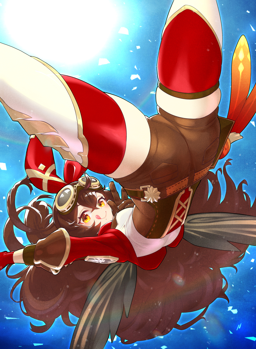 1girl, absurdres, airborne, aircraft, amber_(genshin_impact), belt, blush, boots, closed_mouth, dress, eyelashes, falling, genshin_impact, glider, gloves, goggles, goggles_on_head, hair_between_eyes, hair_ribbon, highres, kanashimiojisan, long_hair, long_sleeves, looking_at_viewer, petals, red_dress, red_ribbon, ribbon, salute, shorts, skindentation, solo, sunlight, thigh_boots, thighhighs, thighs, tongue, tongue_out, two-finger_salute, yellow_eyes