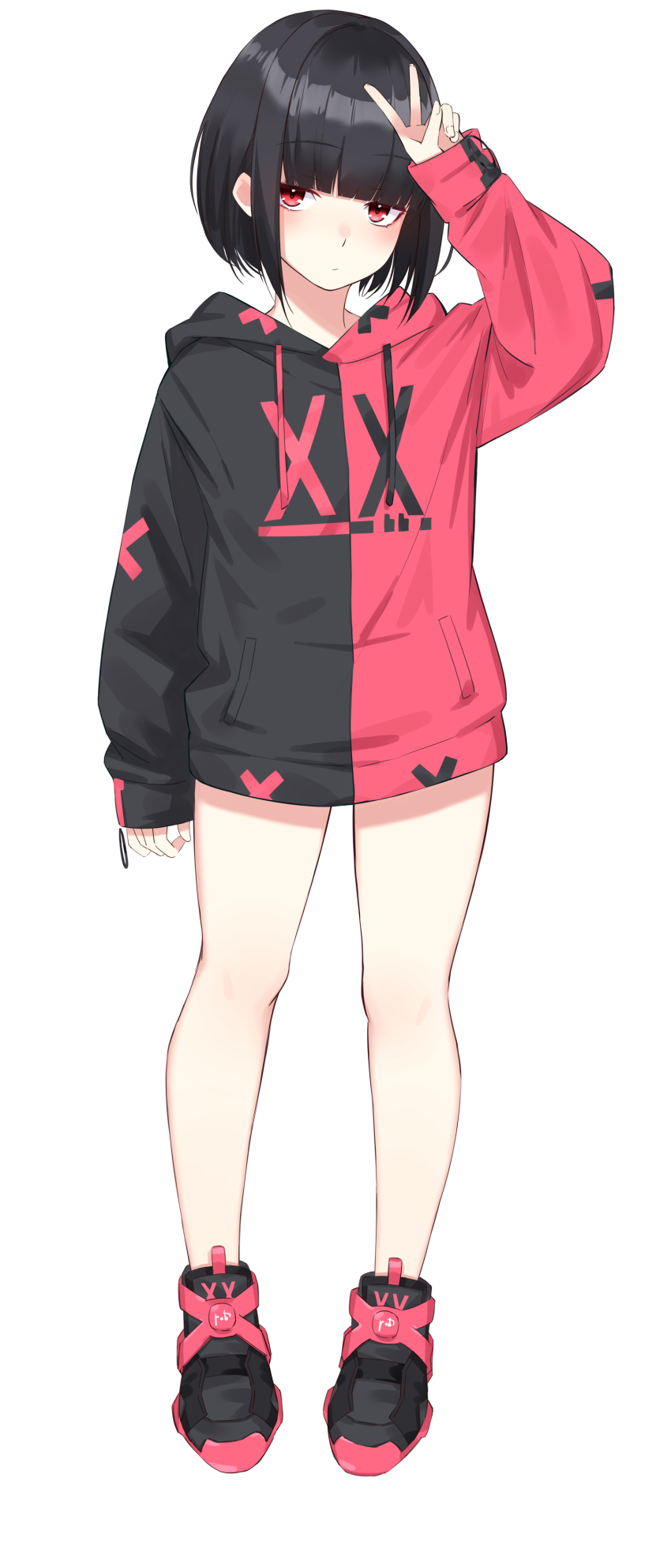 1girl, absurdres, arm_up, black_hair, black_hoodie, black_shoes, blunt_bangs, bob_cut, commentary_request, full_body, highres, hood, hood_down, hoodie, ichiki_1, long_sleeves, looking_at_viewer, original, red_eyes, red_hoodie, shoes, short_hair, simple_background, sleeves_past_wrists, solo, standing, two-tone_clothes, v, white_background