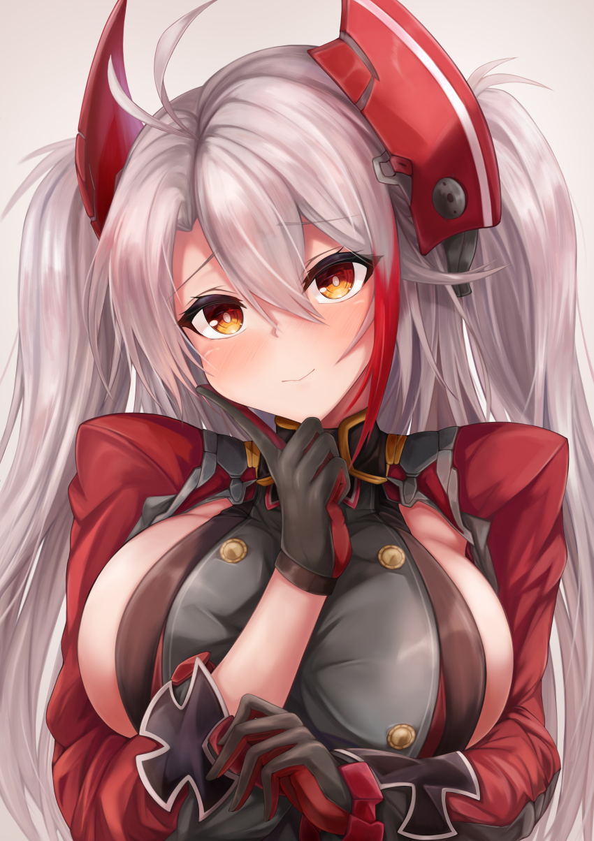 1girl, absurdres, antenna_hair, azur_lane, breasts, buttons, clothing_cutout, cross