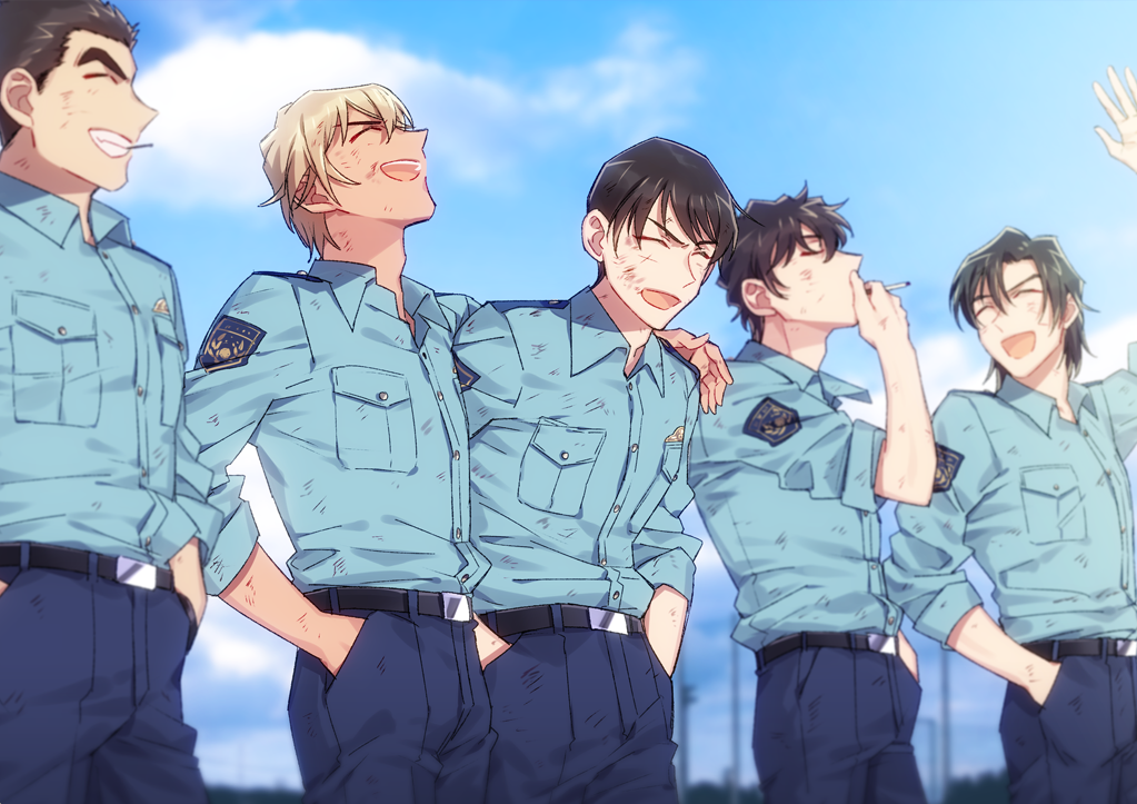 5boys, :d, ^_^, amuro_tooru, arm_around_shoulder, arm_up, belt, black_hair