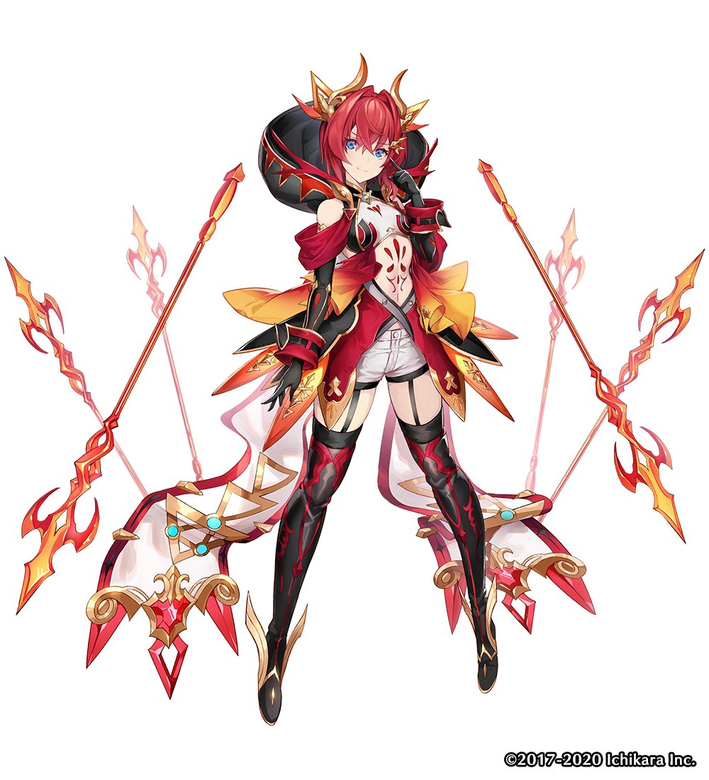 1girl, alternate_costume, ange_katrina, ange_katrina_(valkyrie_hero), black_gloves, black_thighhighs, blue_eyes, copyright_name, elbow_gloves, flat_chest, full_body, gloves, looking_at_viewer, midriff, nijisanji, official_art, red_hair, short_shorts, shorts, solo, thighhighs, valkyrie_connect, virtual_youtuber, weapon, white_background, white_shorts