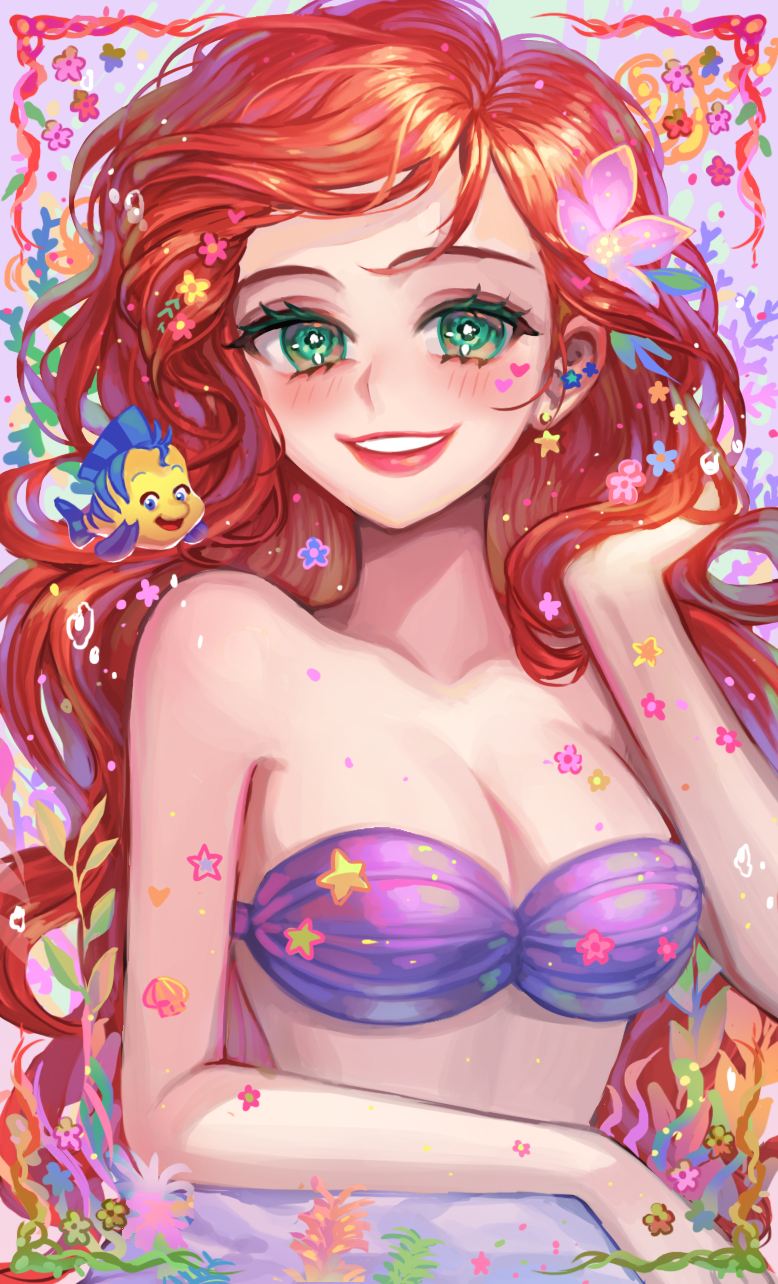 1girl, air_bubble, animal, aqua_flower, ariel_(disney), arm_support, bare_arms, bare_shoulders
