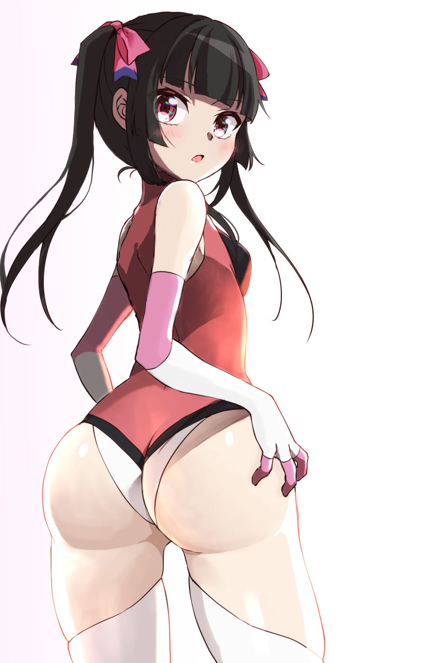 1girl, ass, black_hair, blunt_bangs, blush, elbow_gloves, from_behind, gloves