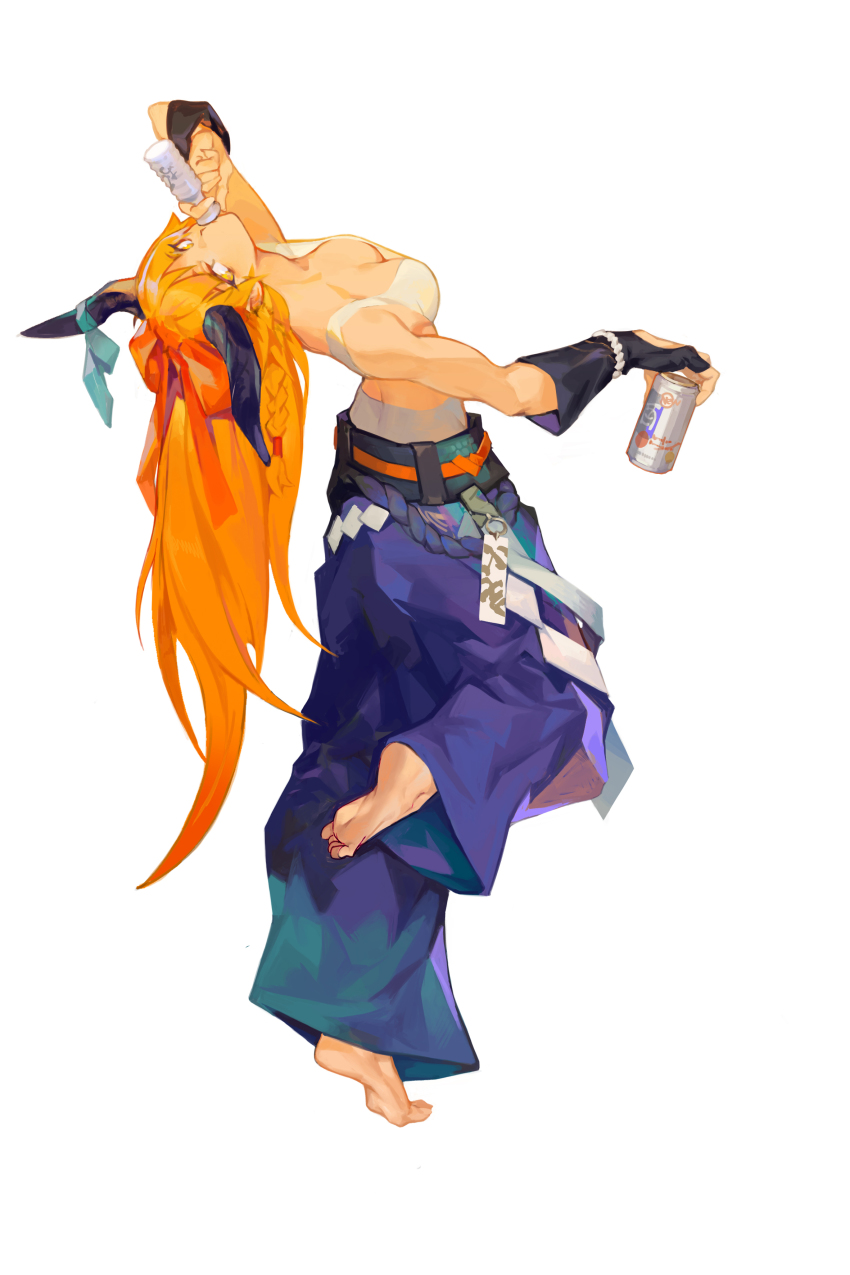 1girl, absurdres, aged_up, aqua_ribbon, arm_up, barefoot, bending_backward, blonde_hair