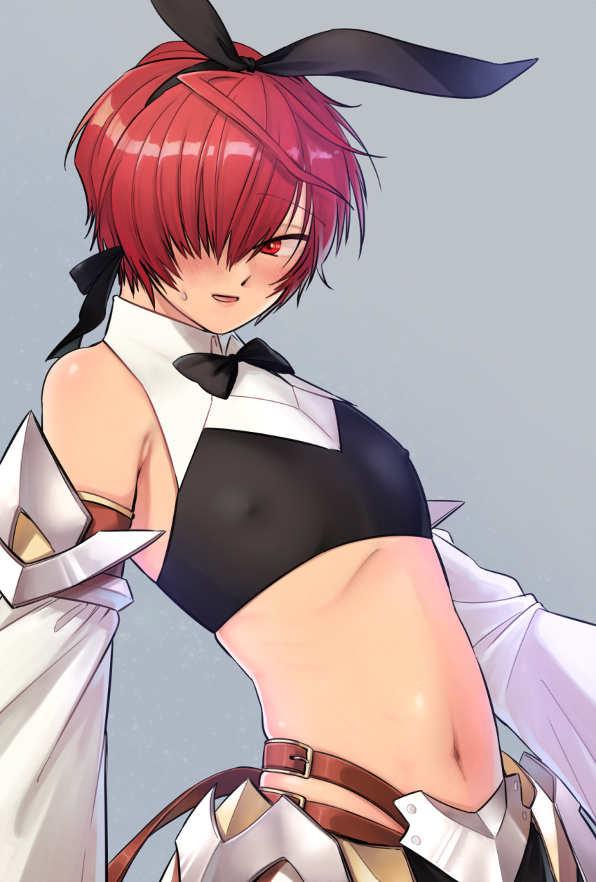 1boy, ahoge, astolfo_(fate), astolfo_(saber)_(fate), astolfo_(saber)_(fate)_(cosplay), astolfo_(saber)_(first_ascension)_(fate), blush, cosplay, detached_sleeves, fate/grand_order, fate_(series), fuuma_kotarou_(fate), grey_background, hair_over_one_eye, hair_ribbon, highres, male_focus, midriff, navel, omiyacha, red_eyes, red_hair, ribbon, simple_background, smile, solo, sweatdrop