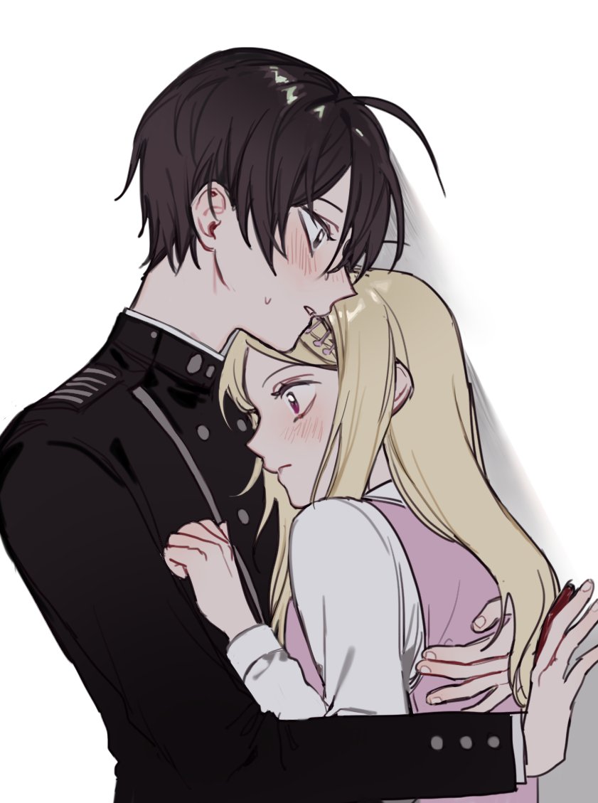 1boy, 1girl, ahoge, akamatsu_kaede, bad_id, bad_twitter_id, black_hair, blonde_hair