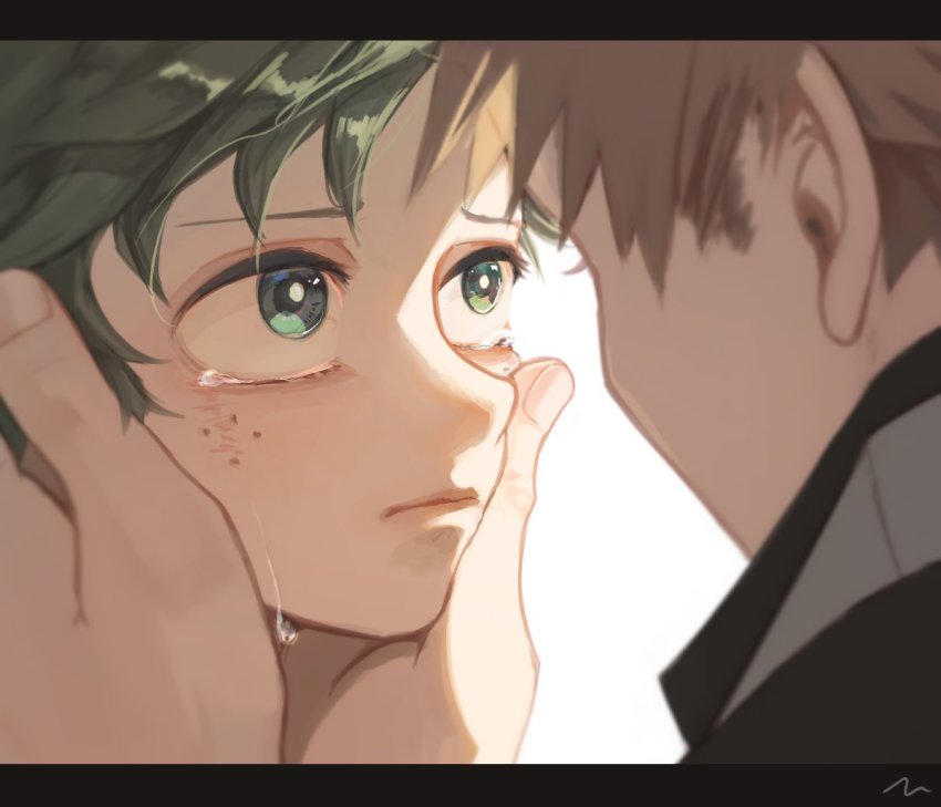 2boys, bad_id, bad_twitter_id, bakugou_katsuki, blonde_hair, blurry, boku_no_hero_academia, commentary_request, depth_of_field, freckles, from_behind, frown, green_hair, hands_on_another's_cheeks, hands_on_another's_face, letterboxed, looking_at_another, male_focus, midoriya_izuku, multiple_boys, portrait, short_hair, simple_background, tears, unou_(unou_mha)