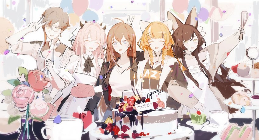 1boy, 4girls, ^_^, animal_ears, anya_pandaria, apron, atelier_live, balloon