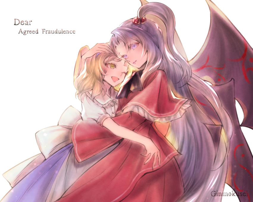 2girls, aged_down, alice_margatroid, alice_margatroid_(pc-98), black_wings, blonde_hair, blue_dress, blue_hairband