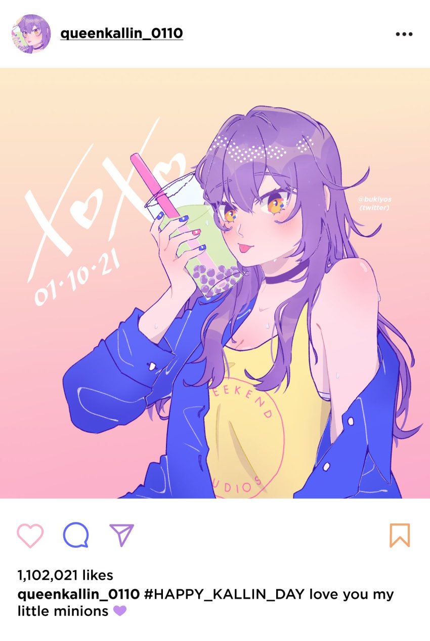 1girl, alternate_costume, artist_name, black_choker, blue_jacket, blue_nails, blush, breasts