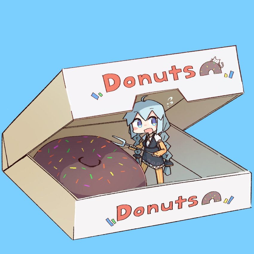 1girl, black_dress, blue_background, blue_eyes, blush_stickers, box, braid, cat