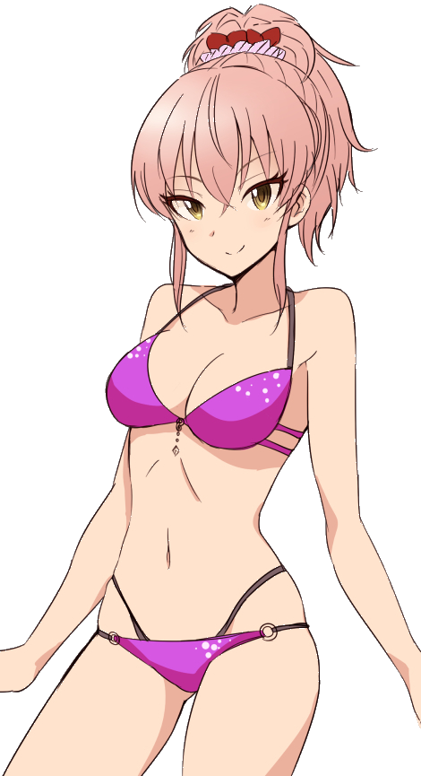 10s, 1girl, bad_id, bad_pixiv_id, bikini, breasts, cleavage, grey_background