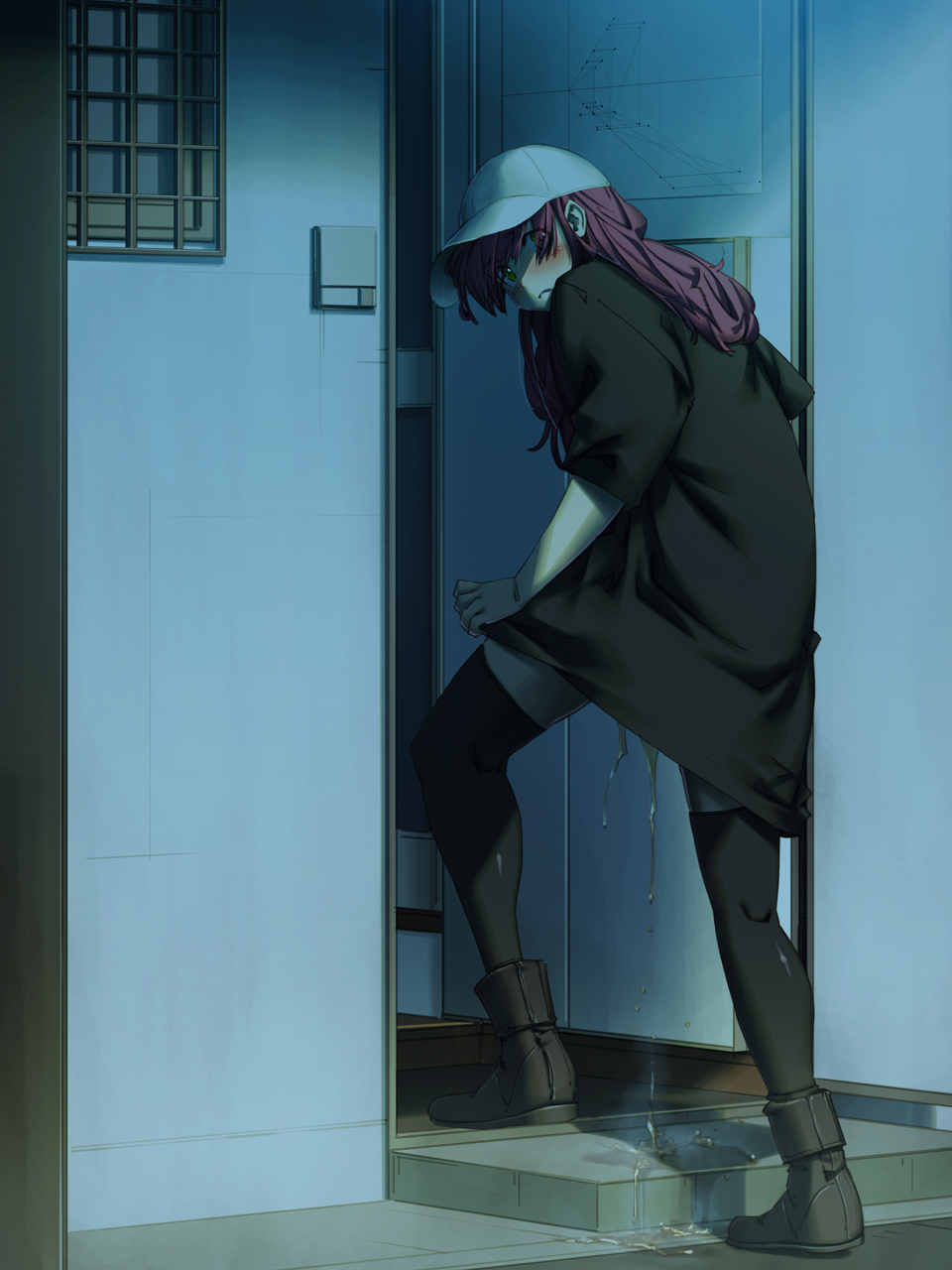 1girl, bad_id, bad_pixiv_id, baseball_cap, blush, dark, hat, highres, long_hair, long_shirt, meiz, original, pee, peeing, peeing_self, red_hair, solo, thighhighs