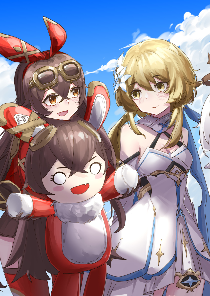 3girls, :d, absurdres, amber_(genshin_impact), animal_ears, bare_shoulders, baron_bunny_(genshin_impact), belt, blush, blush_stickers, boots, breasts, cape, capelet, cleavage, closed_mouth, cloud, cloudy_sky, day, dress, eyelashes, fang, flower, fur_collar, genshin_impact, gloves, goggles, goggles_on_head, hair_between_eyes, hair_flower, hair_ornament, hair_ribbon, halo, highres, holding, holding_weapon, long_hair, long_sleeves, looking_at_another, lumine_(genshin_impact), multiple_girls, o_o, open_mouth, paimon_(genshin_impact), rabbit_ears, red_dress, red_ribbon, ribbon, sao7, shorts, sky, smile, star_(symbol), thigh_boots, thighhighs, thighs, weapon, white_dress, white_hair, yellow_eyes