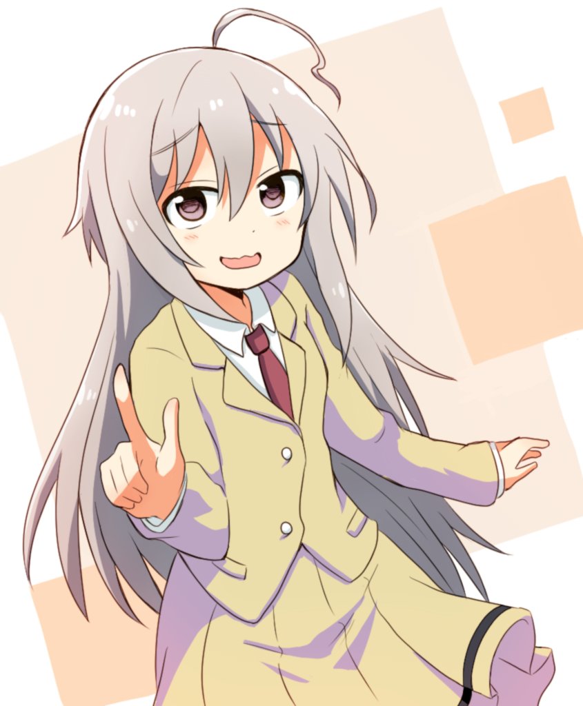 1girl, :d, ahoge, blazer, blush, brown_eyes, collared_shirt, commentary_request, cosplay, grey_hair, hair_between_eyes, hand_up, hoshi_syoko, idolmaster, idolmaster_cinderella_girls, index_finger_raised, jacket, kuroki_tomoko, kuroki_tomoko_(cosplay), long_hair, looking_at_viewer, multicolored_background, necktie, nervous_smile, nmemoton, open_mouth, pleated_skirt, purple_necktie, school_uniform, shirt, short_sleeves, skirt, smile, solo, standing, trait_connection, watashi_ga_motenai_no_wa_dou_kangaetemo_omaera_ga_warui!, wavy_mouth, white_shirt, wilted_ahoge, yellow_jacket, yellow_skirt