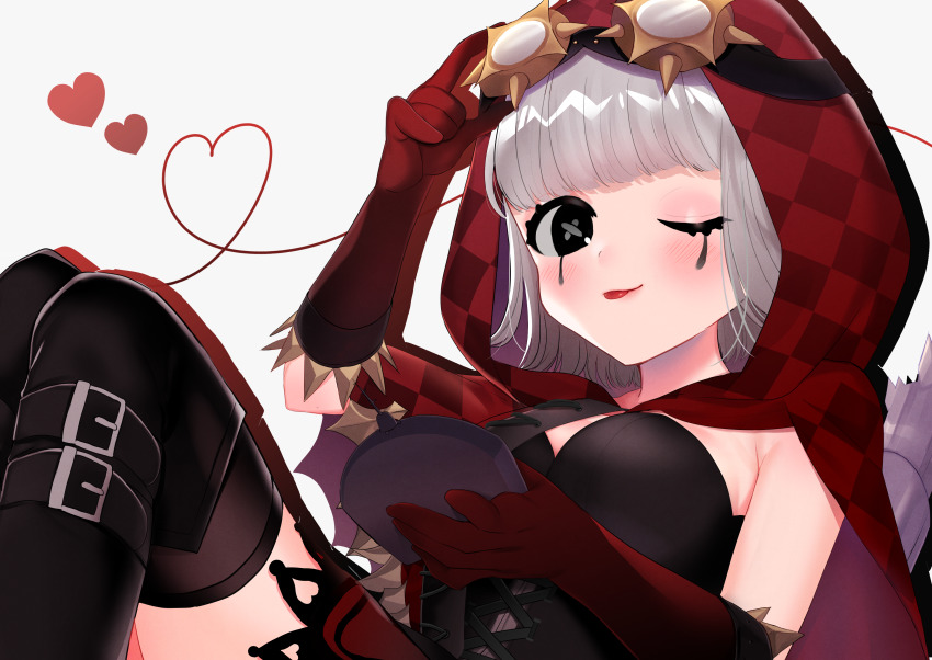 1girl, ;p, abe_(kumayu), absurdres, adjusting_eyewear, black_boots, black_eyes, black_thighhighs, blunt_bangs, boots, bright_pupils, capelet, closed_mouth, corset, dress, elbow_gloves, facial_mark, gloves, goggles, goggles_on_headwear, heart, highres, holding, hood, hood_up, hooded_capelet, huge_filesize, identity_v, looking_at_viewer, official_alternate_costume, one_eye_closed, red_gloves, red_riding_hood_(identity_v), short_hair, silver_hair, sleeveless, smile, solo, symbol-shaped_pupils, thigh_boots, thighhighs, tongue, tongue_out, tracy_reznik, tracy_reznik_(red_riding_hood), white_pupils
