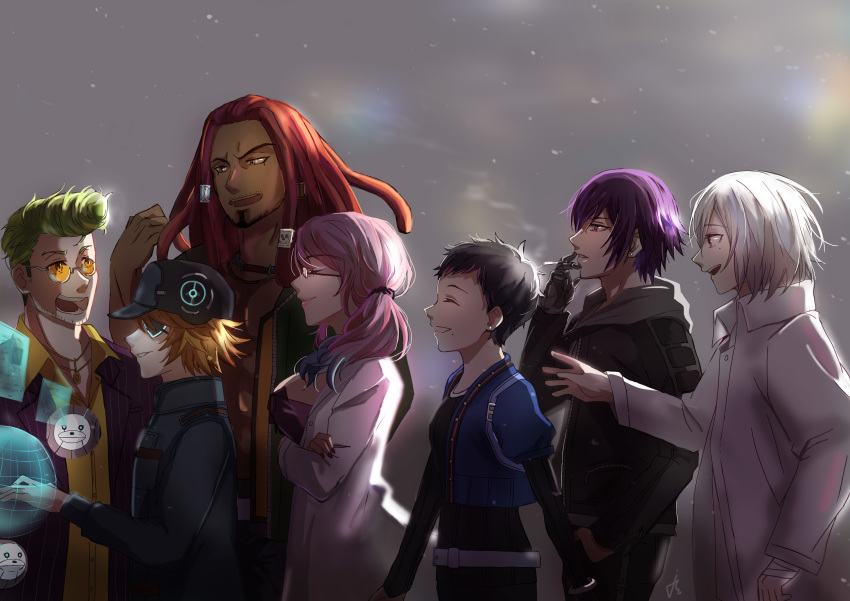 2girls, 5boys, absurdres, akudama_drive, black_hair, black_headwear, black_jacket, brawler_(akudama_drive)