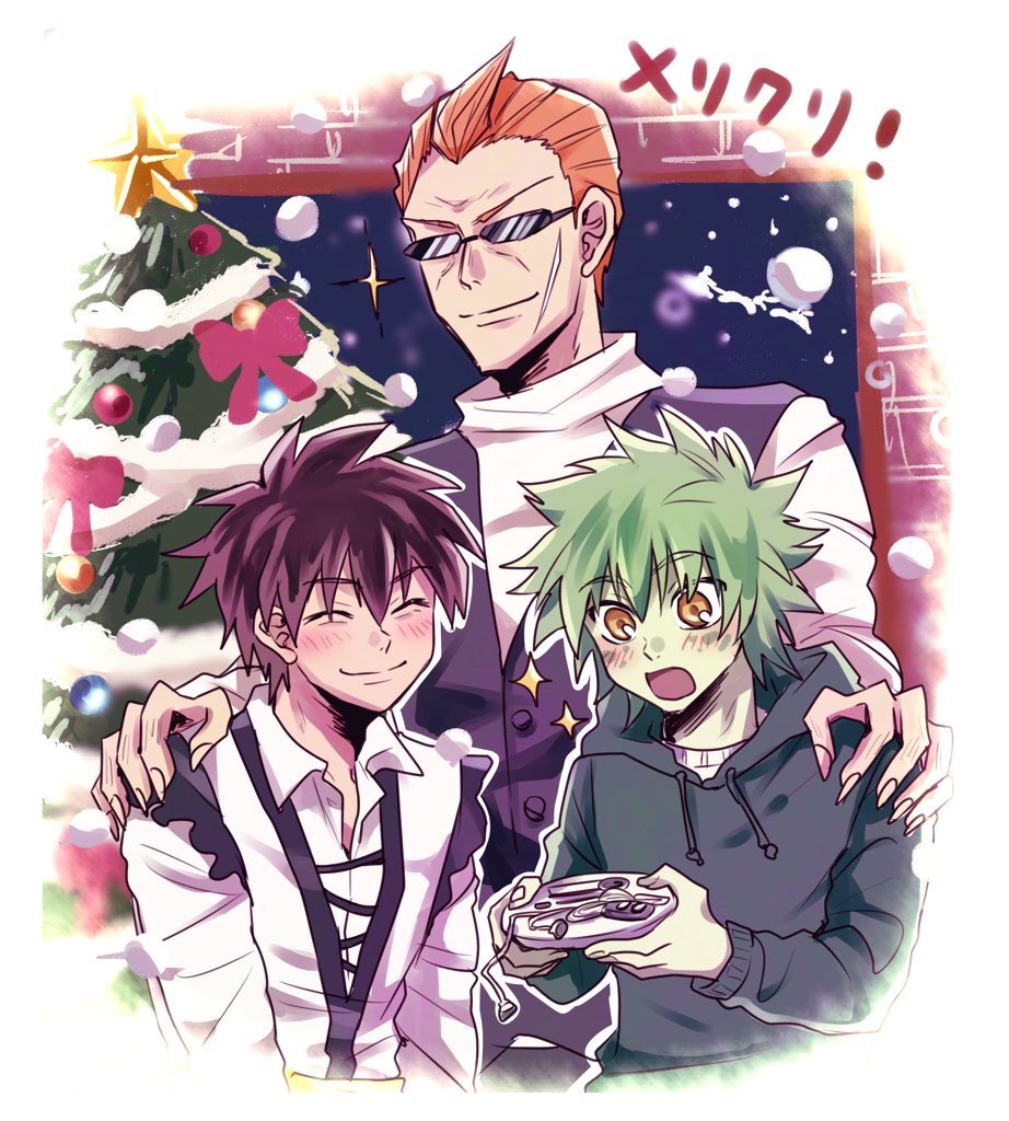 3boys, black_hair, cd_player, cd_walkman, closed_eyes, colored_skin, coro_(leocorok), darren_shan