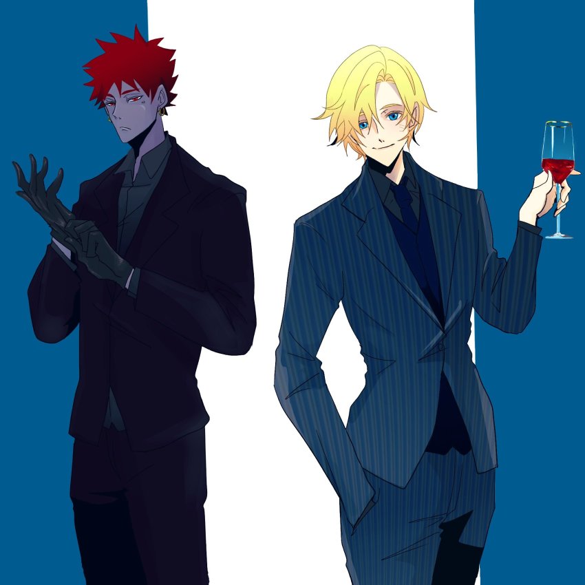 2boys, adjusting_clothes, adjusting_gloves, aeka_(0ameiro0), birthmark, blonde_hair, colored_skin, cup