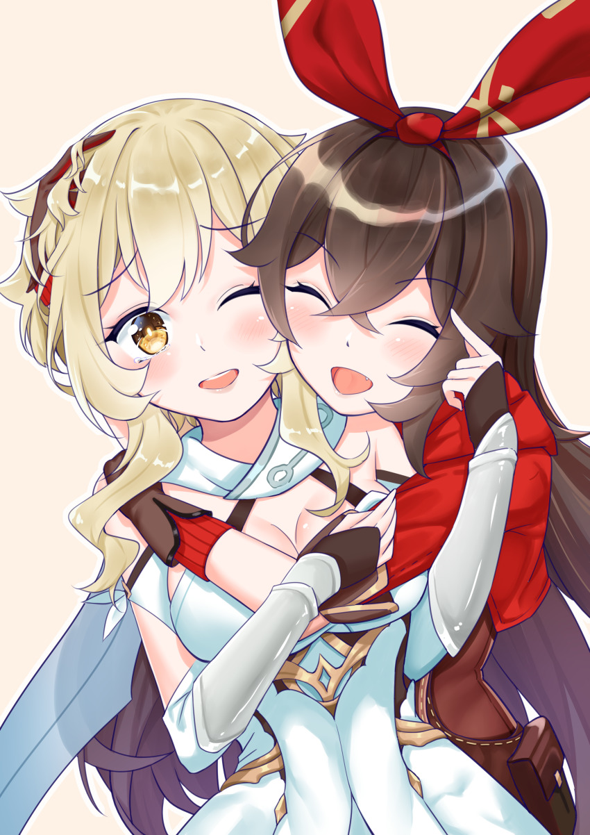 2girls, absurdres, amber_(genshin_impact), bag, blonde_hair, blush, breasts, capelet