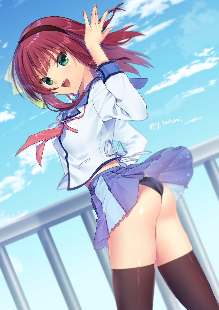 1girl, angel_beats!, black_panties, black_thighhighs, blue_sailor_collar, blue_skirt, blue_sky, bow