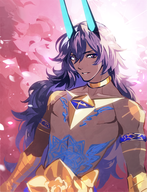 1boy, arjuna_(fate), arjuna_alter_(fate), arjuna_alter_(second_ascension)_(fate), black_hair, choker, expressionless, fate/grand_order, fate_(series), flower, gem, horns, looking_at_viewer, lotus, male_focus, meiji_(meiji770), petals, tattoo, upper_body
