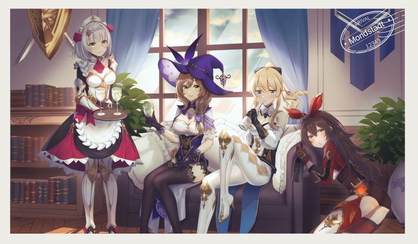 absurdres, alcohol, amber_(genshin_impact), armor, armored_dress, bag, belt, black_legwear