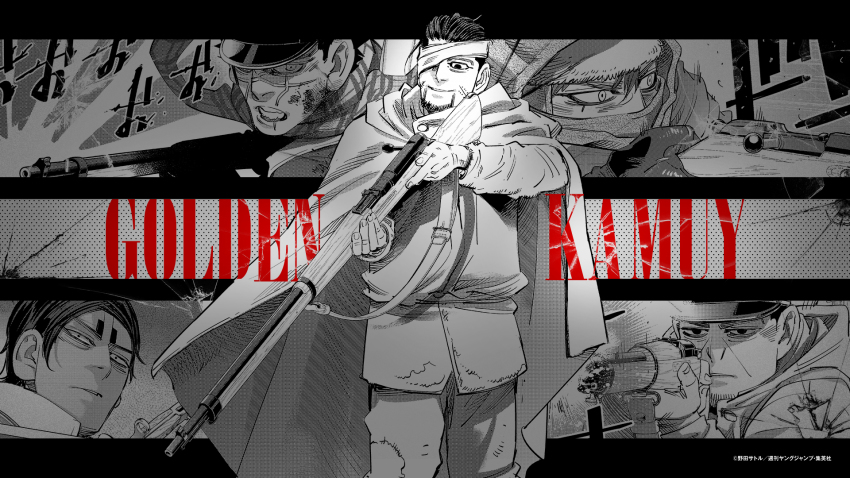 5boys, aiming, aiming_at_viewer, arisaka, artist_name, bandaged_head, bandages, black_eyes