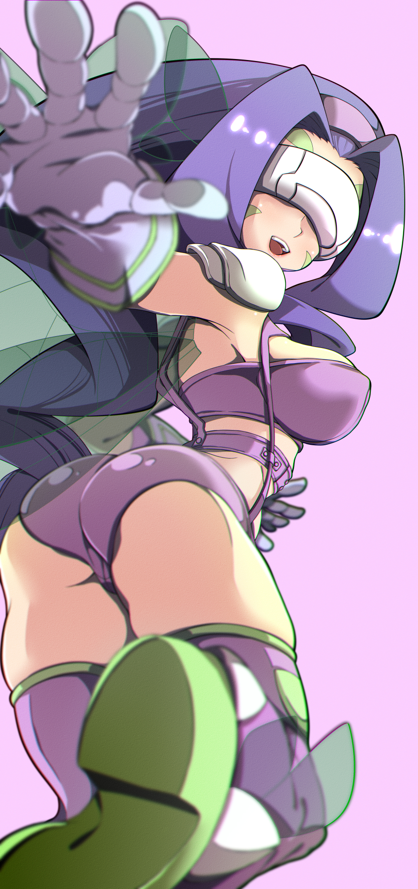 1girl, :d, absurdres, armpits, ass, bikini, blurry, blurry_foreground, boots, breasts, butterfly_hair_ornament, butterfly_wings, cleavage, commentary_request, covered_erect_nipples, covered_eyes, cowboy_shot, digimon, digimon_(creature), digimon_frontier, facial_mark, fairimon, floating, from_behind, garter_belt, garter_straps, gloves, grey_gloves, hair_ornament, hairband, highres, huge_filesize, insect_wings, long_hair, medium_breasts, midriff, open_mouth, outstretched_arm, pakotaroh, parted_bangs, purple_background, purple_bikini, purple_boots, purple_hair, purple_hairband, revealing_clothes, simple_background, skindentation, smile, solo, swimsuit, teeth, thigh_boots, thighhighs, upper_teeth_only, visor, wings
