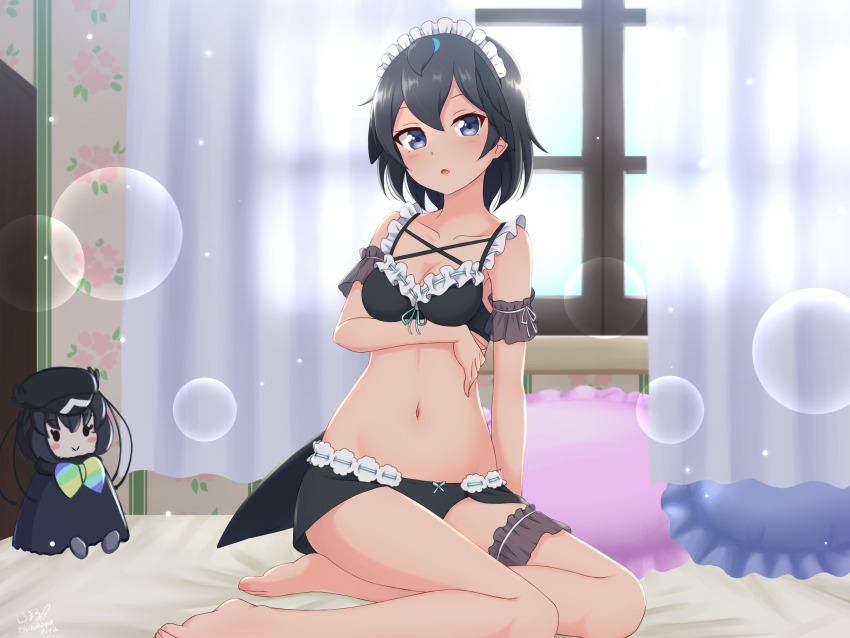 1girl, absurdres, arm_under_breasts, bare_legs, barefoot, black_hair, blue_eyes, breasts