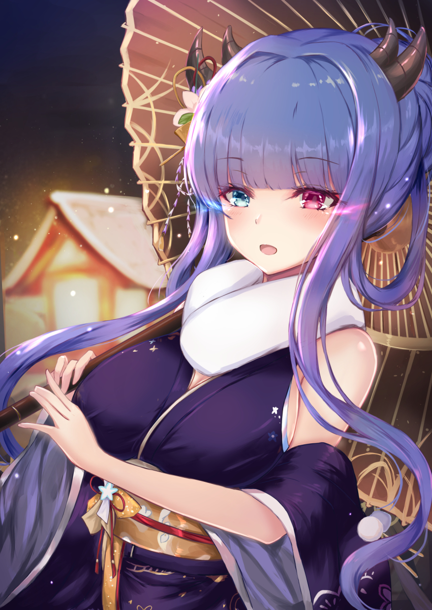 1girl, azur_lane, bare_shoulders, blue_eyes, breasts, detached_sleeves, flower, fur-trimmed_kimono, fur_trim, glowing, glowing_eyes, habu_rin, hair_flower, hair_ornament, heterochromia, highres, horns, ibuki_(azur_lane), ibuki_(winter_sylph's_reverie)_(azur_lane), japanese_clothes, kimono, long_hair, medium_breasts, obijime, official_alternate_costume, oil-paper_umbrella, open_mouth, purple_kimono, red_eyes, solo, umbrella, very_long_hair, wide_sleeves