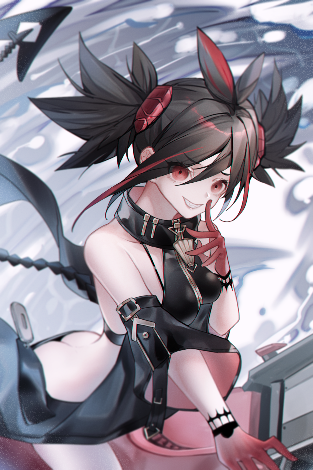 1girl, artist_request, ass, azur_lane, bare_shoulders, black_hair, breasts, butt_crack, detached_sleeves, downpants, hair_between_eyes, highres, looking_at_viewer, multicolored_hair, polrr, red_eyes, red_hair, sharp_teeth, small_breasts, solo, streaked_hair, teeth, twintails, u-37_(azur_lane)