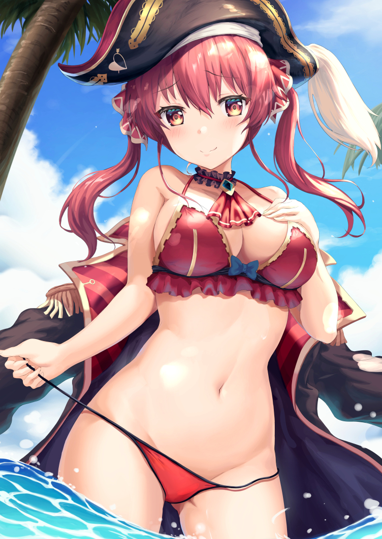 1girl, arrow_through_heart, ascot, bad_id, bad_pixiv_id, bare_arms, bare_shoulders, bikini