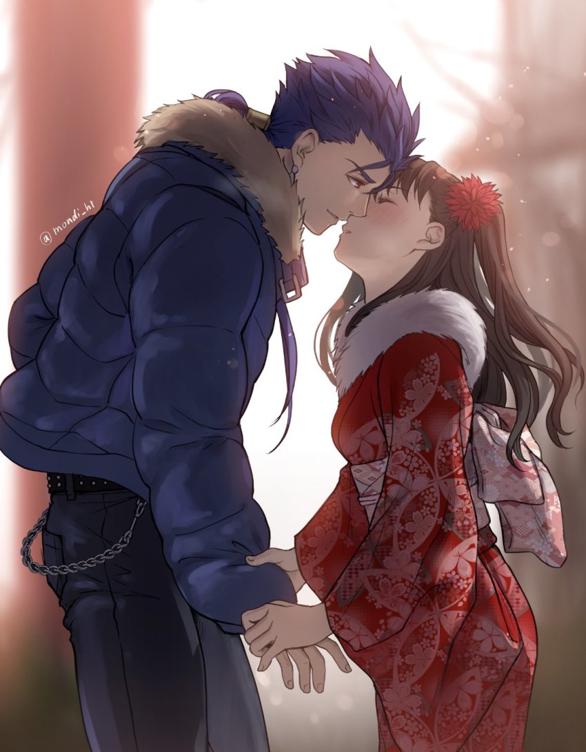 1boy, 1girl, alternate_costume, blue_hair, brown_hair, chain, commentary_request, couple, cu_chulainn_(blue_casual_jacket)_(fate), cu_chulainn_(fate), cu_chulainn_(lancer)_(fate), earrings, fate/stay_night, fate_(series), floral_print, flower, from_side, hair_flower, hair_ornament, hetero, highres, holding_hands, imminent_kiss, japanese_clothes, jewelry, kimono, long_hair, mondi_hl, pants, ponytail, red_eyes, red_flower, tohsaka_rin, twitter_username