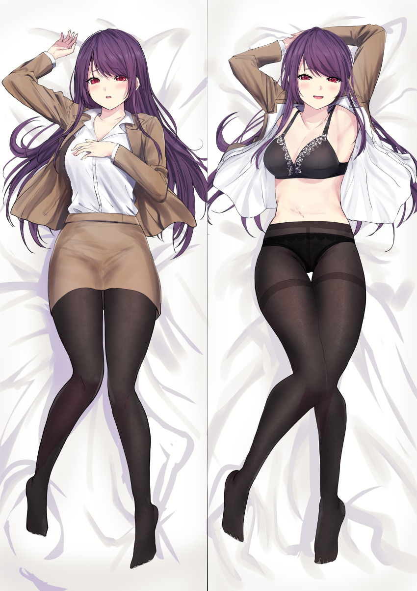 1girl, :d, absurdres, arm_up, armpits, arms_behind_head, arms_up, black_panties, black_pantyhose, blush, breasts, brown_jacket, brown_skirt, cleavage, collarbone, collared_shirt, dakimakura_(medium), dress_shirt, full_body, gundou_mirei, gundou_mirei_(1st_costume), hand_on_own_chest, highres, jacket, long_hair, long_sleeves, medium_breasts, miniskirt, misaki_nonaka, multiple_views, navel, nijisanji, open_clothes, open_jacket, open_mouth, open_shirt, panties, panties_under_pantyhose, pantyhose, pencil_skirt, purple_hair, red_eyes, shirt, skirt, smile, stomach, swept_bangs, thigh_gap, thighband_pantyhose, underwear, virtual_youtuber, white_shirt