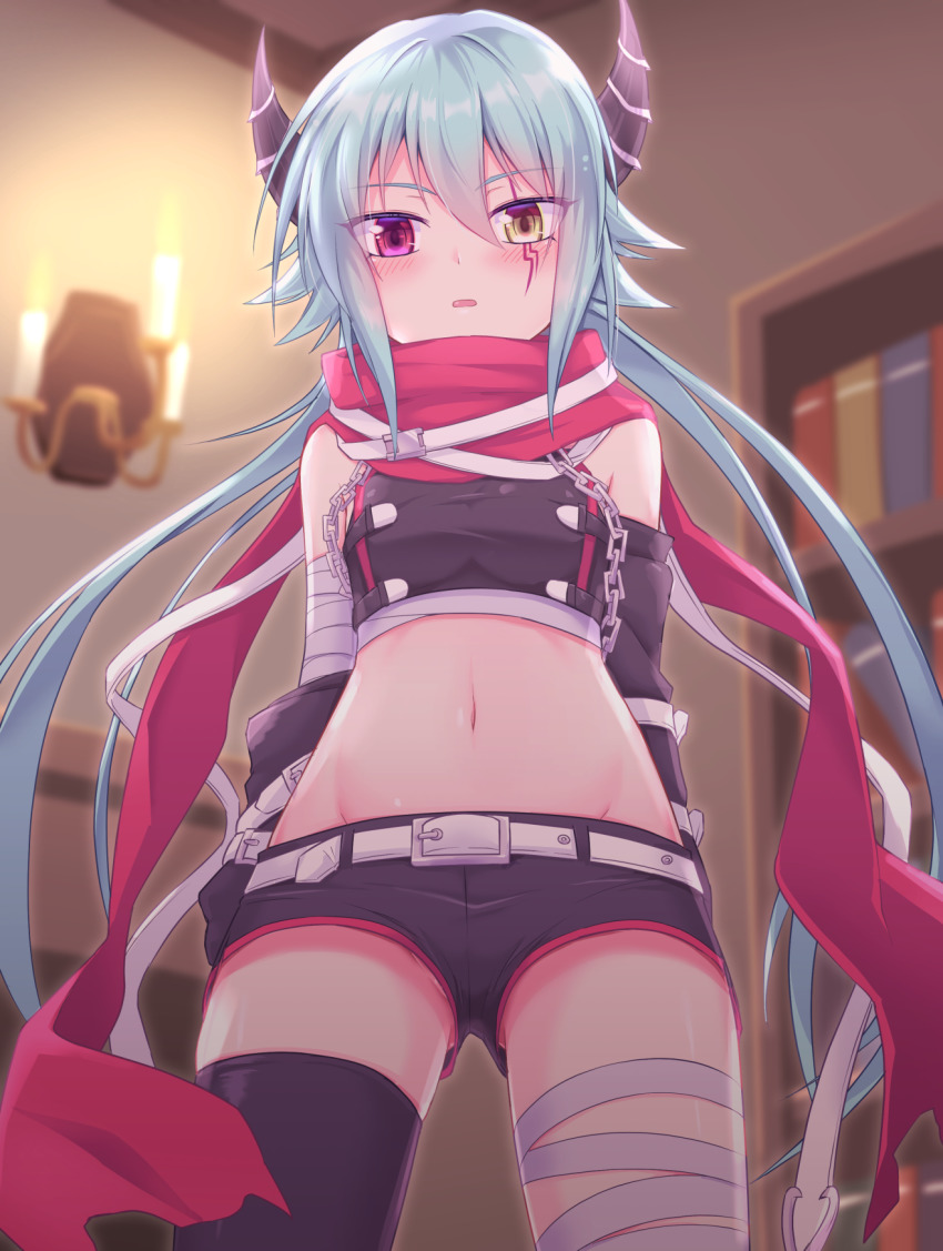 1girl, anna_(princess_connect!), arms_behind_back, bandaged_arm, bandaged_leg, bandages, bare_shoulders, belt