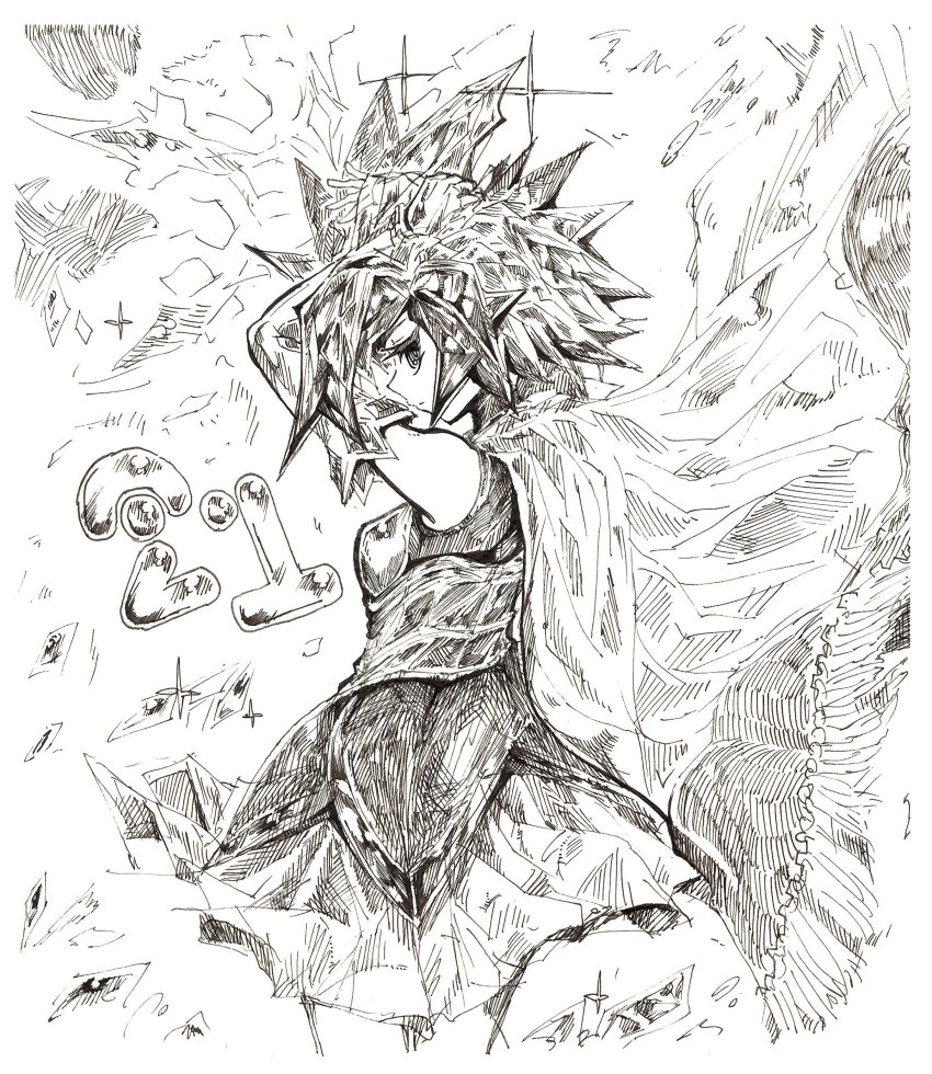 1girl, absurdres, breasts, capelet, cloak, dress, duel_monster, greyscale