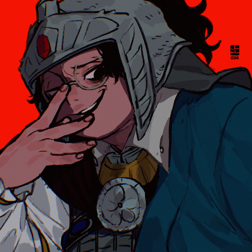 1boy, adjusting_eyewear, bad_id, bad_pixiv_id, bags_under_eyes, black_hair, collared_shirt, fate/grand_order