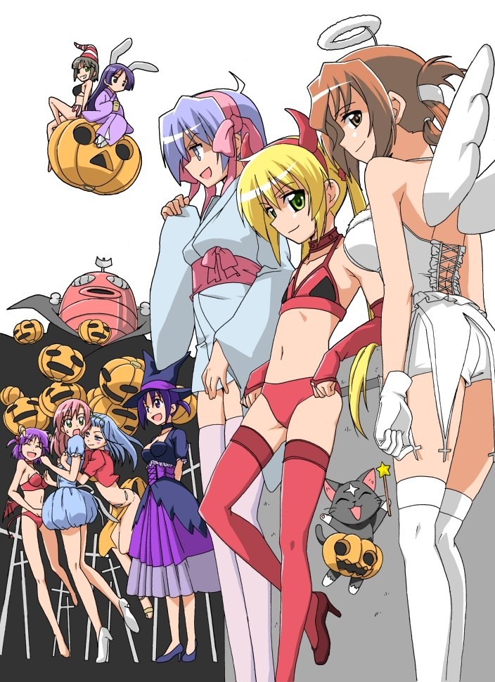 1boy, 6+girls, aizawa_sakuya, alternate_costume, angel, angel_girl, angel_wings, animal_ears, armpits, ass, ayasaki_hayate, back, bare_back, bare_shoulders, bikini, blonde_hair, blue_eyes, blue_hair, breasts, brown_hair, cat, collar, demon_girl, demon_horns, demon_wings, dress, flat_chest, folded_ponytail, grey_hair, halloween, halo, hat, hayate_no_gotoku!, high_heels, horns, japanese_clothes, katsura_hinagiku, kimono, large_breasts, legs, loli, long_hair, long_skirt, maria_(hayate_no_gotoku!), medium_breasts, multiple_girls, nishizawa_ayumu, pink_hair, purple_hair, rabbit_ears, red_eyes, robot, saginomiya_isumi, sanzen'in_nagi, segawa_haruna, segawa_izumi, short_hair, short_shorts, shorts, skirt, swimsuit, thighhighs, thighs, trap, twintails, wings, witch, witch_hat, yellow_eyes, zettai_ryouiki