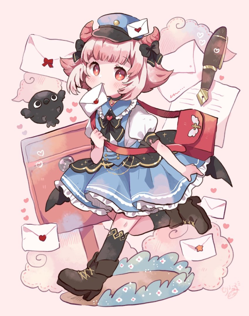 1girl, bag, beak, bird, black_eyes, blue_hat, blue_skirt, blunt_bangs