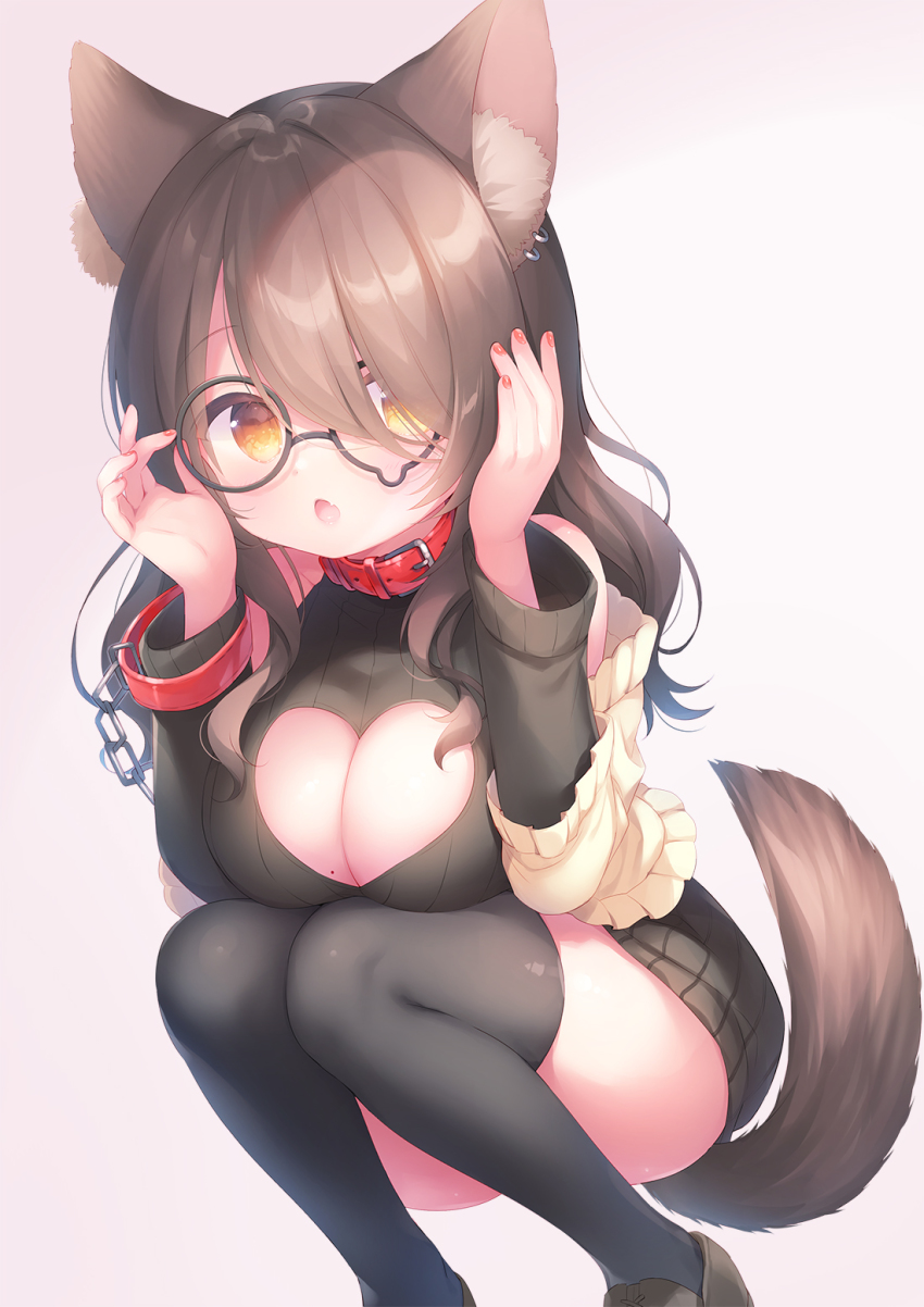 1girl, animal_ear_fluff, animal_ears, bare_shoulders, black-framed_eyewear, black_shoes, black_skirt, black_sweater
