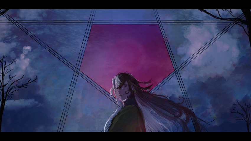 1boy, absurdres, ashiya_douman_(fate), asymmetrical_hair, bell, black_eyes, black_hair, curly_hair, doskoi_tuki, earrings, fate/grand_order, fate_(series), from_side, hair_bell, hair_between_eyes, hair_intakes, hair_ornament, highres, jewelry, letterboxed, long_hair, looking_back, magatama, magatama_earrings, male_focus, multicolored_hair, onmyouji, pentagram, sketch, sky, smoke, solo, two-tone_hair, upper_body, very_long_fingernails, very_long_hair, white_hair, wide_shot, wind