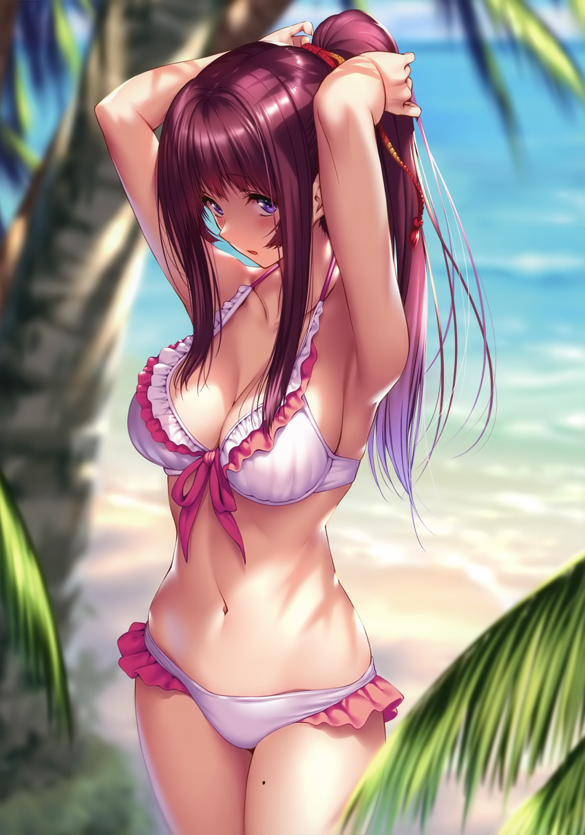 1girl, absurdres, armpits, arms_up, bare_arms, bare_shoulders, beach, bikini