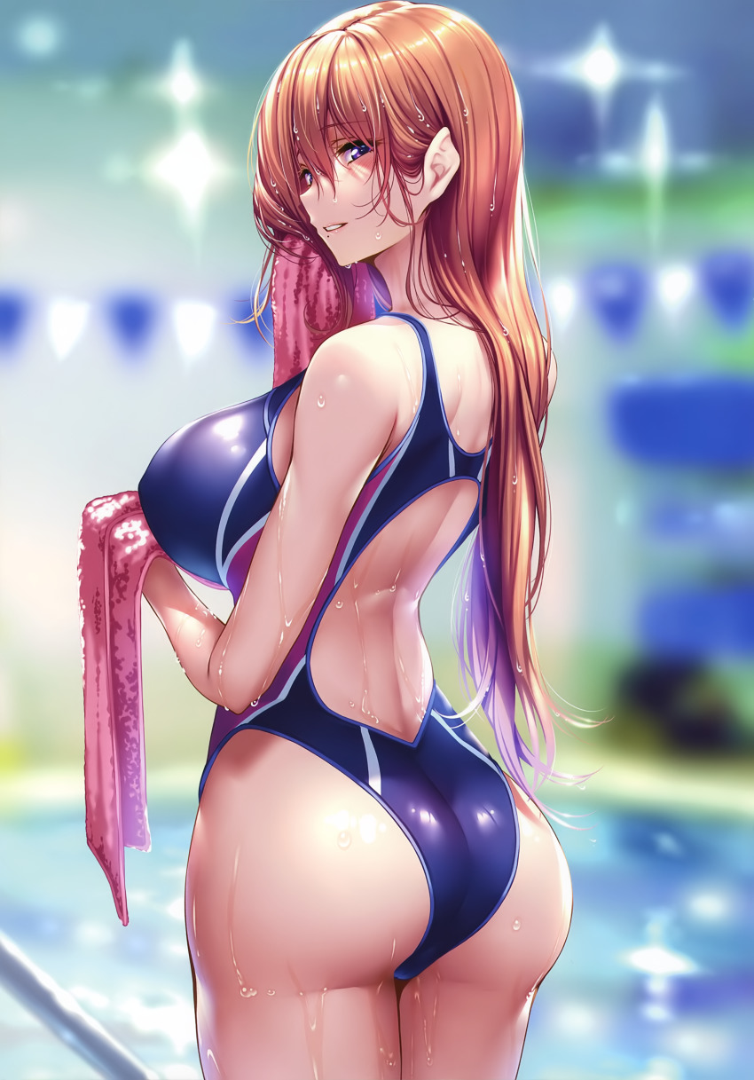 1girl, absurdres, ass, back_cutout, bare_shoulders, blue_one-piece_swimsuit, blurry, blurry_background, breasts, brown_hair, clothing_cutout, competition_swimsuit, cowboy_shot, from_behind, half-closed_eyes, hanikami_kanojo, highres, holding, holding_towel, kurumi_shinoha, large_breasts, lights, long_hair, looking_at_viewer, looking_back, mole, mole_under_mouth, one-piece_swimsuit, parted_lips, piromizu, poolside, purple_eyes, scan, shiny_clothes, shoulder_blades, sidelocks, smile, solo, swimsuit, thighs, towel, water_drop, wet, wiping_face