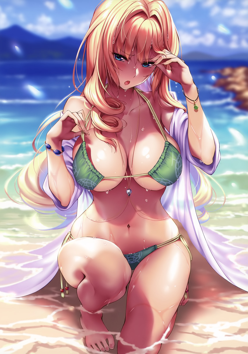 1girl, absurdres, adjusting_hair, bare_legs, bare_shoulders, barefoot, beach, bikini