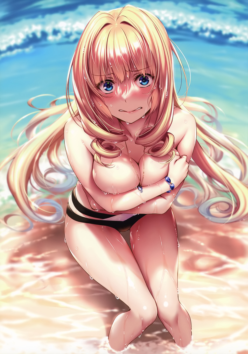 1girl, absurdres, beach, bikini, blonde_hair, blue_eyes, blue_sky, blush