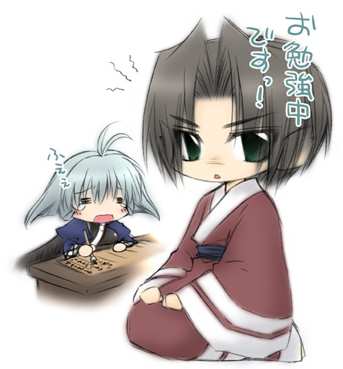 00s, 1boy, 1girl, benawi, blush, chibi, camyu, studying