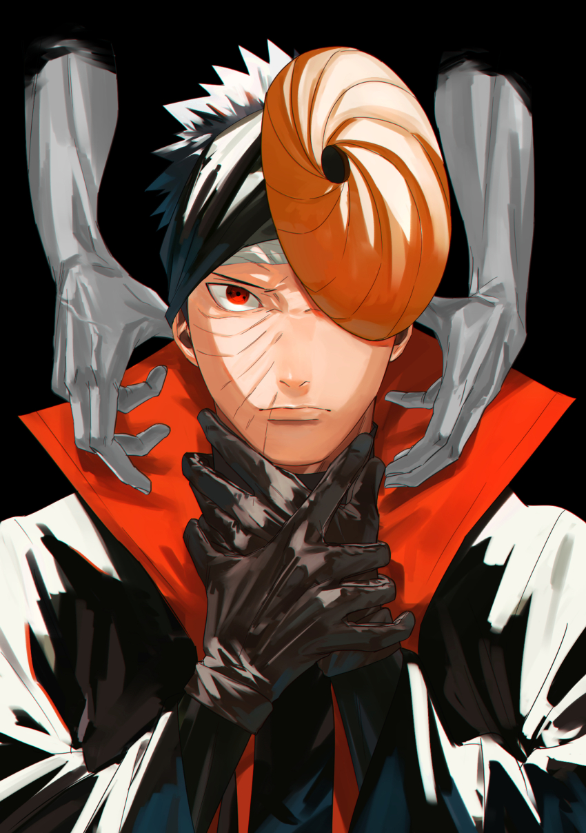 1boy, 1other, black_background, black_coat, black_gloves, black_hair, closed_mouth, coat