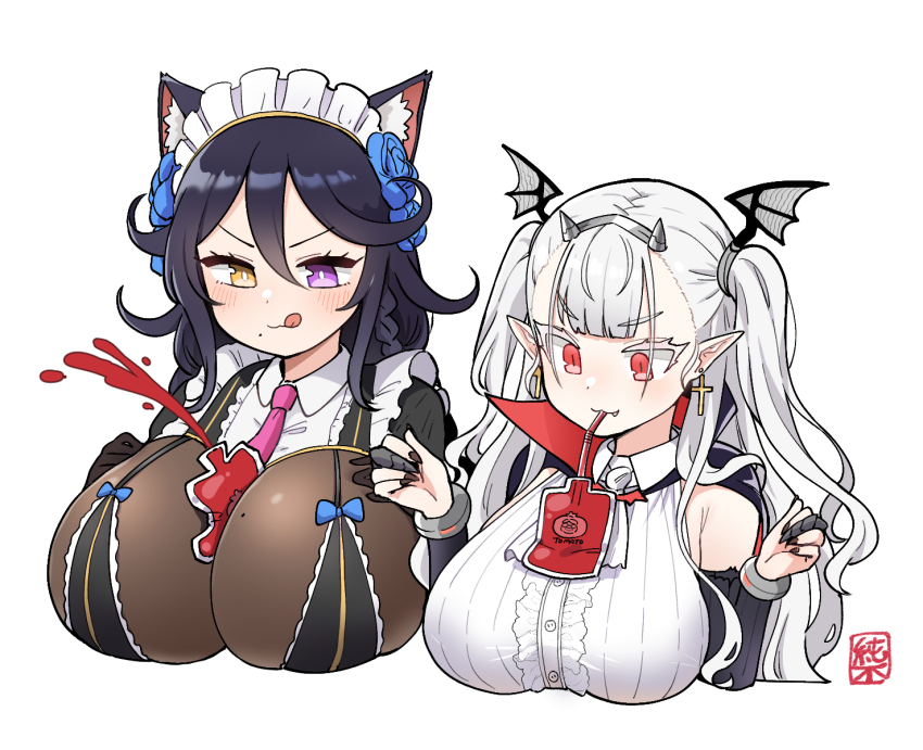 2girls, :3, :p, albino, animal_ears, between_breasts, black_hair, blue_hair, blush, bodysuit, braid, breasts, brown_bodysuit, cat_ears, cat_girl, colored_eyelashes, cross, cross_earrings, dark_blue_hair, draculina_(last_origin), drinking_straw, earrings, fang, hair_between_eyes, head_wings, heterochromia, highres, huge_breasts, jewelry, juice, junsuina_fujunbutsu, large_breasts, last_origin, long_hair, maid_headdress, mole, mole_on_breast, mole_under_mouth, multiple_braids, multiple_girls, necktie, poi_(last_origin), pointy_ears, purple_eyes, red_eyes, simple_background, tomato_juice, tongue, tongue_out, tri_braids, twintails, two_side_up, white_background, white_eyelashes, white_hair, wings, yellow_eyes